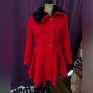Retro Stage Red & Black Coat with Faux Fur Collar